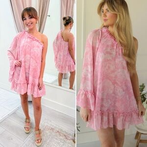 New Show Me Your Mumu Wonder Mini Dress One Shoulder Ruffle in Sweet Pink Floral